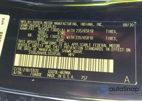 2020 Toyota Highlander Xle из США, поврежденный, VIN 5TDGZRAH9LS028586